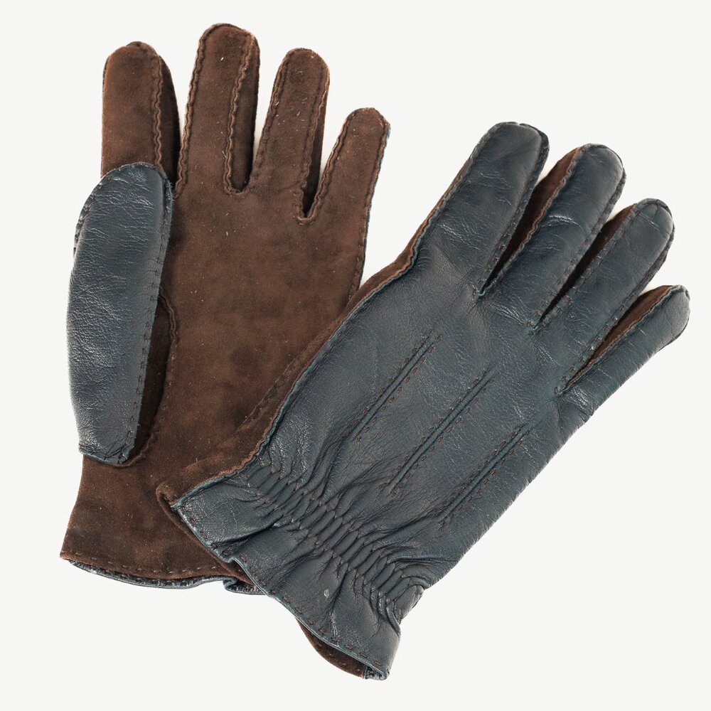 Brunello Cucinelli Navy & Brown Leather Two-Tone Gloves